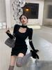 Pure Desire Sexy Hottie Black Sleeve Dress Women's Spring New Slim Fit and Thin Stacked Hip-wrapped Short Skirt