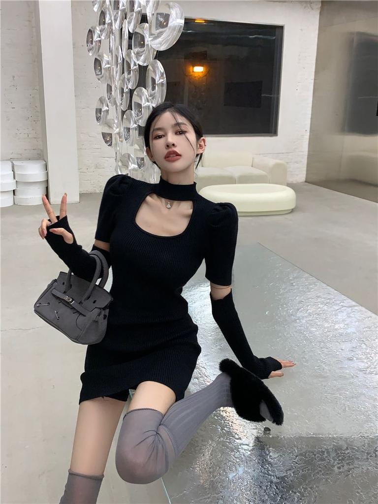 Pure Desire Sexy Hottie Black Sleeve Dress Women's Spring New Slim Fit and Thin Stacked Hip-wrapped Short Skirt