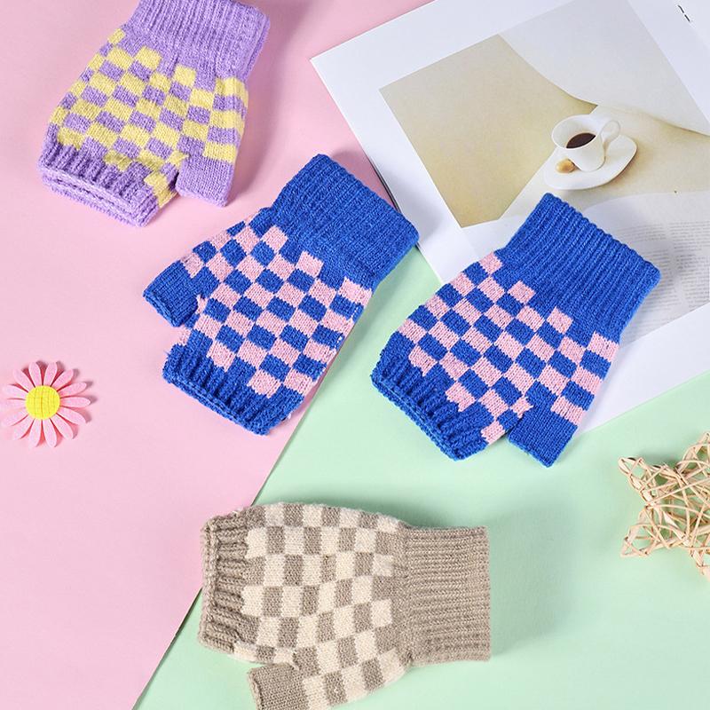 Warm Gloves Knitted Half-finger Plaid Cold-proof Gloves for Women Winter