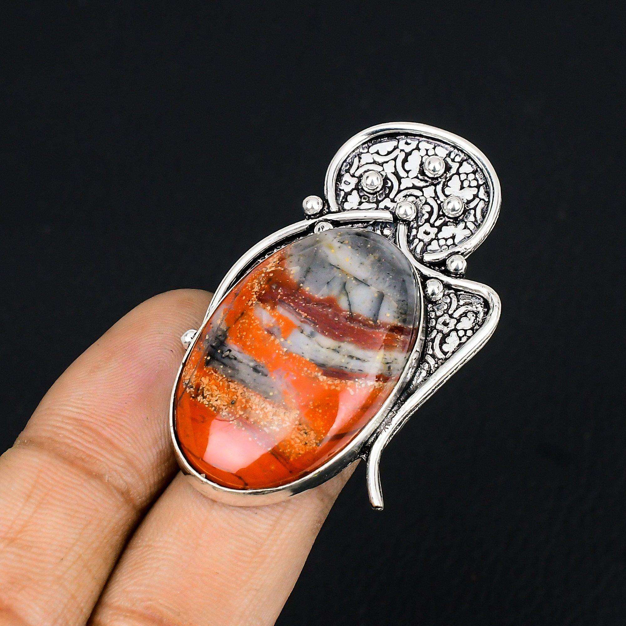 925 Sterling Silver Natural Red Snakeskin Jasper Trendy Stackable Ring US 6.5 6.5