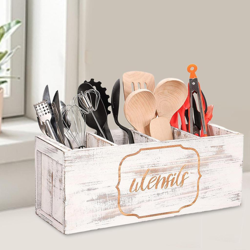 Wooden Cutlery Holder Organizer for Silverware on Countertop Dining Area