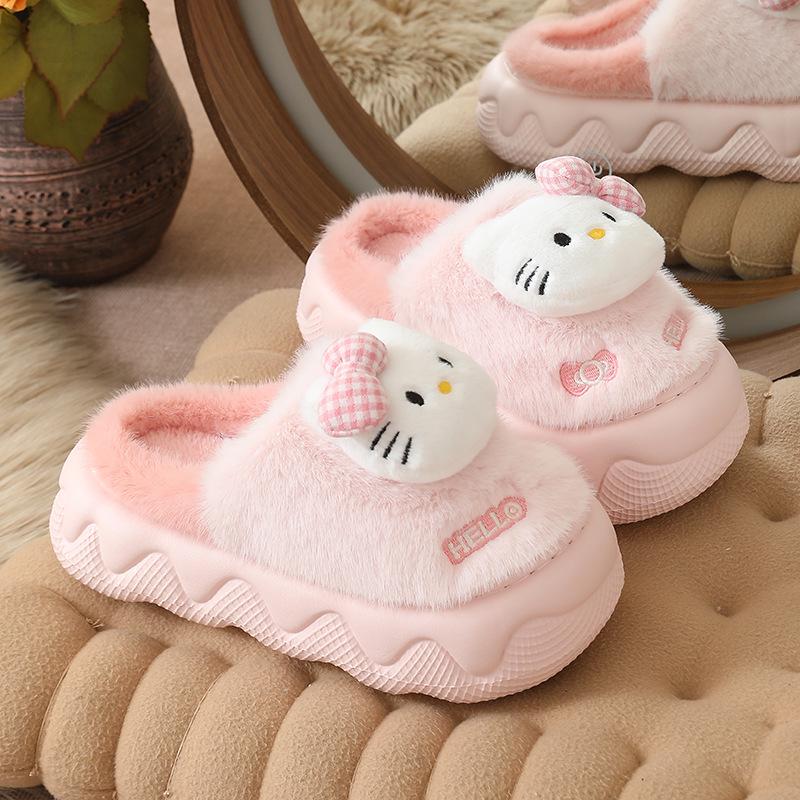 Women's Winter Thick-Soled Cotton Slippers: Cute Bow, Fluffy, Warm, Non-Slip, Height-Enhancing