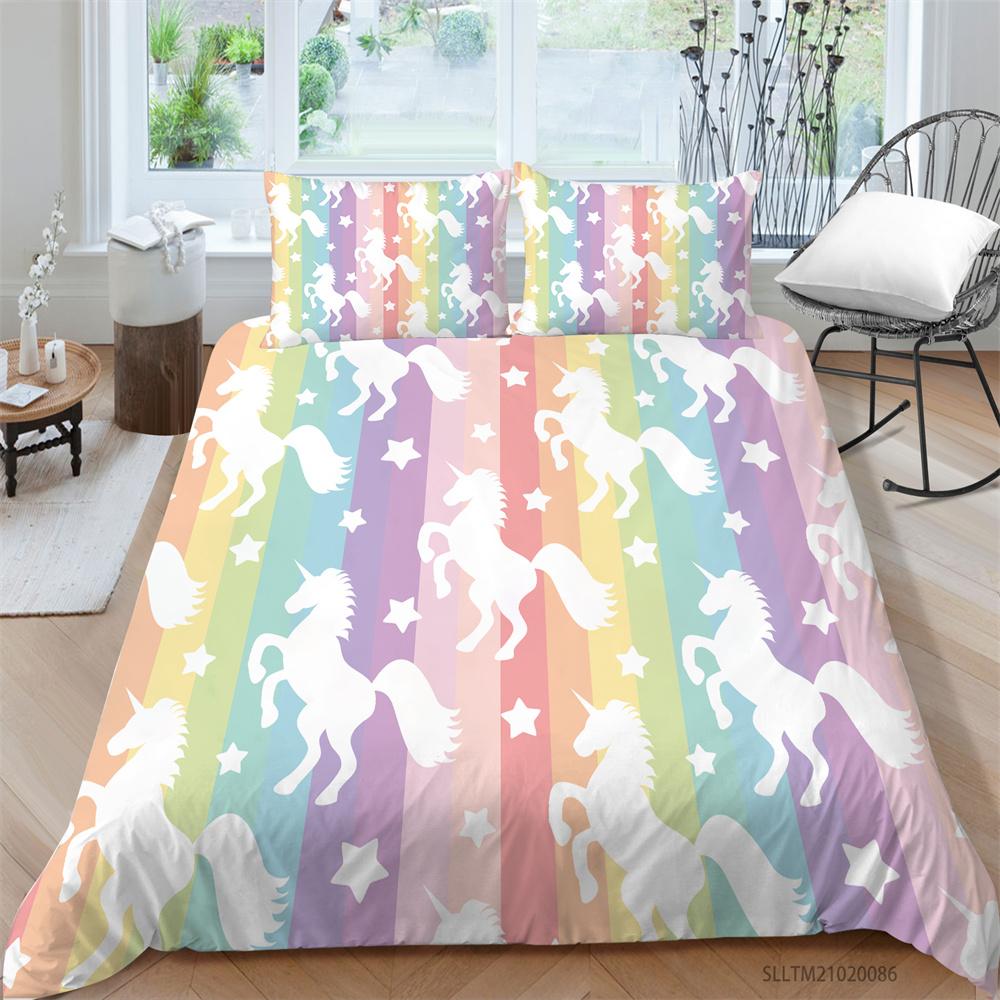 3D Unicorn Print Bedding Set Duvet Cover Cool for Kids School Adults Bedclothes Microfiber Quilt Cover