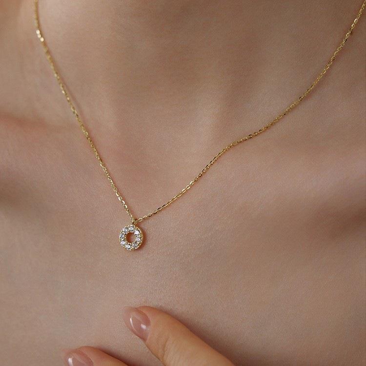 14K Gold-Plated Sterling Silver Donut Ring Necklace with Full Diamond Pendant Platinum