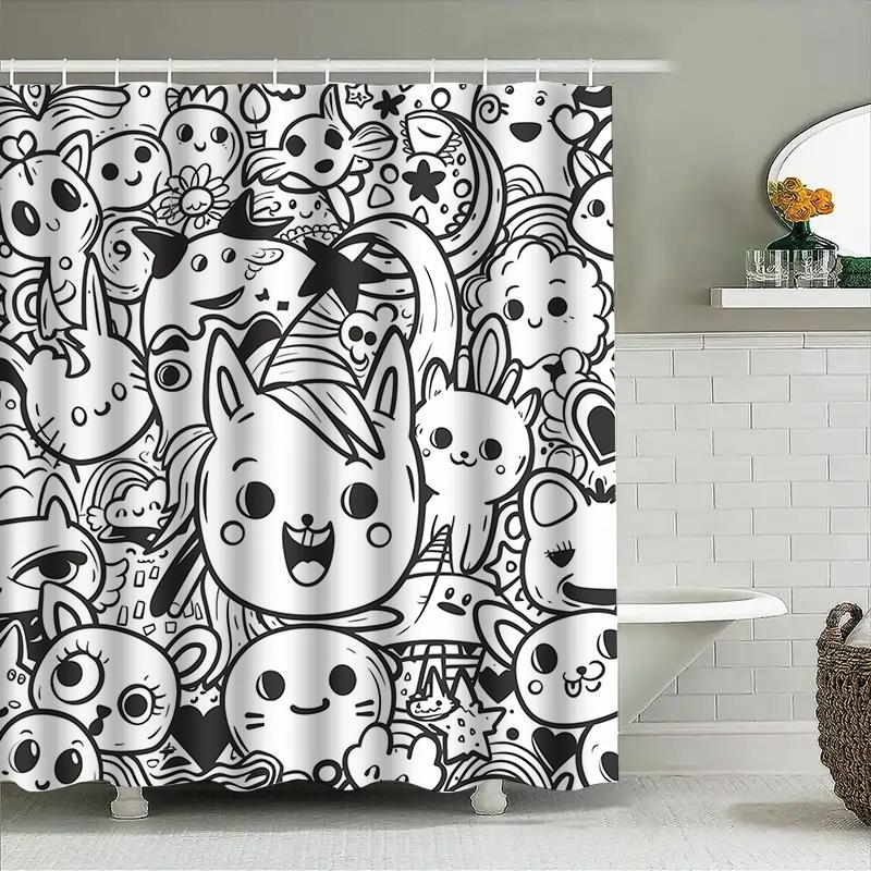 Black White Cartoon Animal Print Shower Curtain Bath Accessories Decor 90x180cm