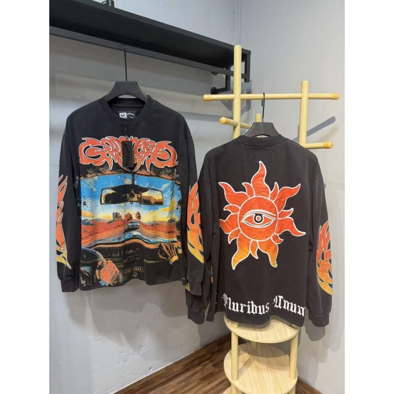 Unisex Vintage Skull Print Washed Cotton Long Sleeve Hoodie Streetwear Loose Fit