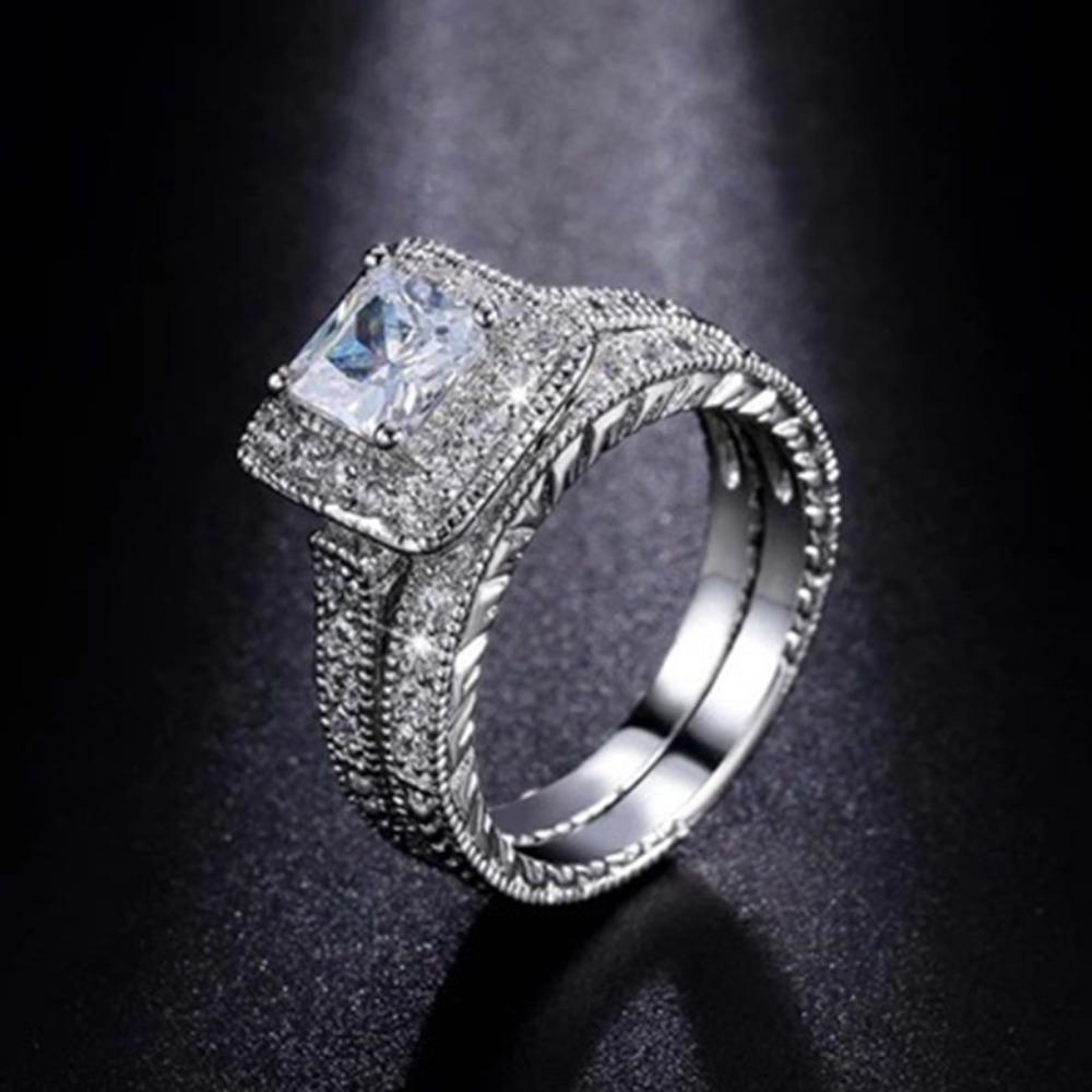 Luxury Silver Plated Square Diamond Ring Set for Couples Fashion Elegant Wedding Band