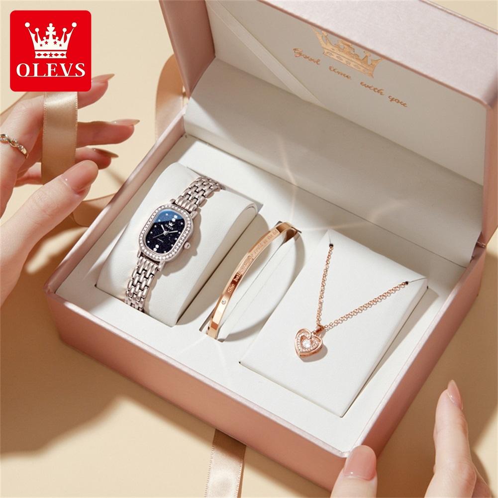 OLEVS Women Quartz Watch Sets Fashion Delicate Luxury Diamond Bezel Ladies Dress Wristwatch Elegant Starry Sky Waterproof Watch