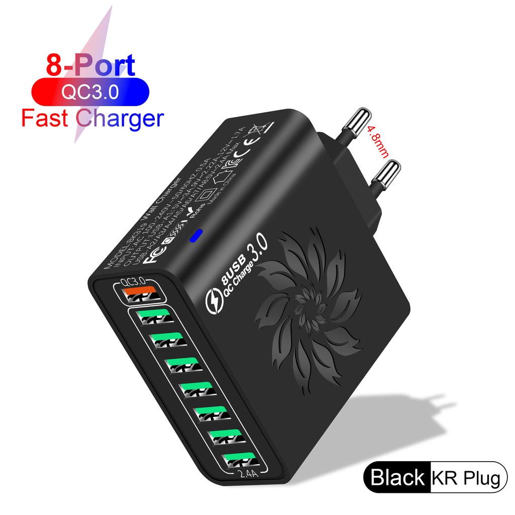 65W 8 Ports USB Charger QC Fast Charging EU/US/KR/UK Plug Fast Charger Power Adapter For iPhone 15 Xiaomi Samsung Wall Charger