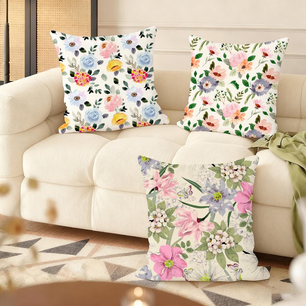 Spring Flower Print Cushion Cover Soft Short Plush Pillow Cover Smooth Cozy Texture Aesthetic Cushion Case Home Decor