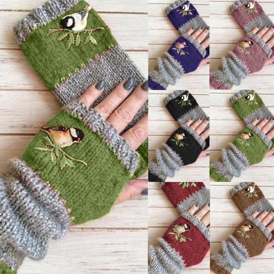 Women Autumn Winter Bird Embroidered Gloves Knit Fingerless Color Block Mitten
