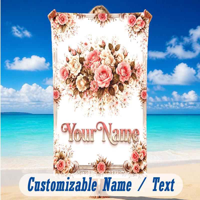 Floral Garden Theme Beach Towel Personalized Custom Name & Text Soft Quick Dry Beach Towel for Swimming Travel