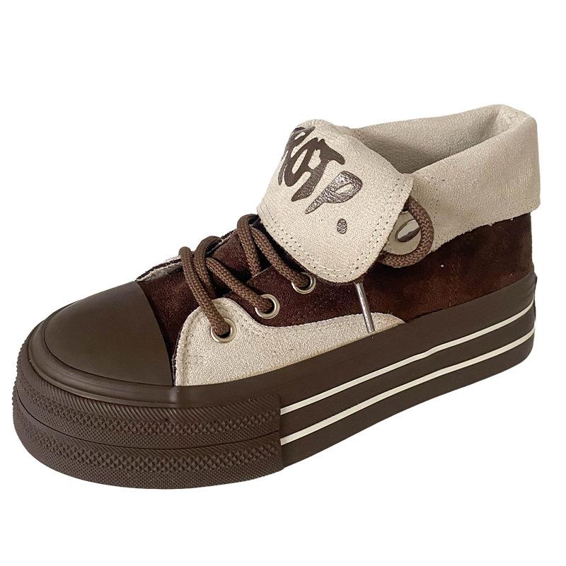 

H1363 двухслойные высокие парусиновые туфли женские туфли на платформе большие туфли нишевая модная обувь Merad port style ретро обувь для скейтбординга 38 коричневый