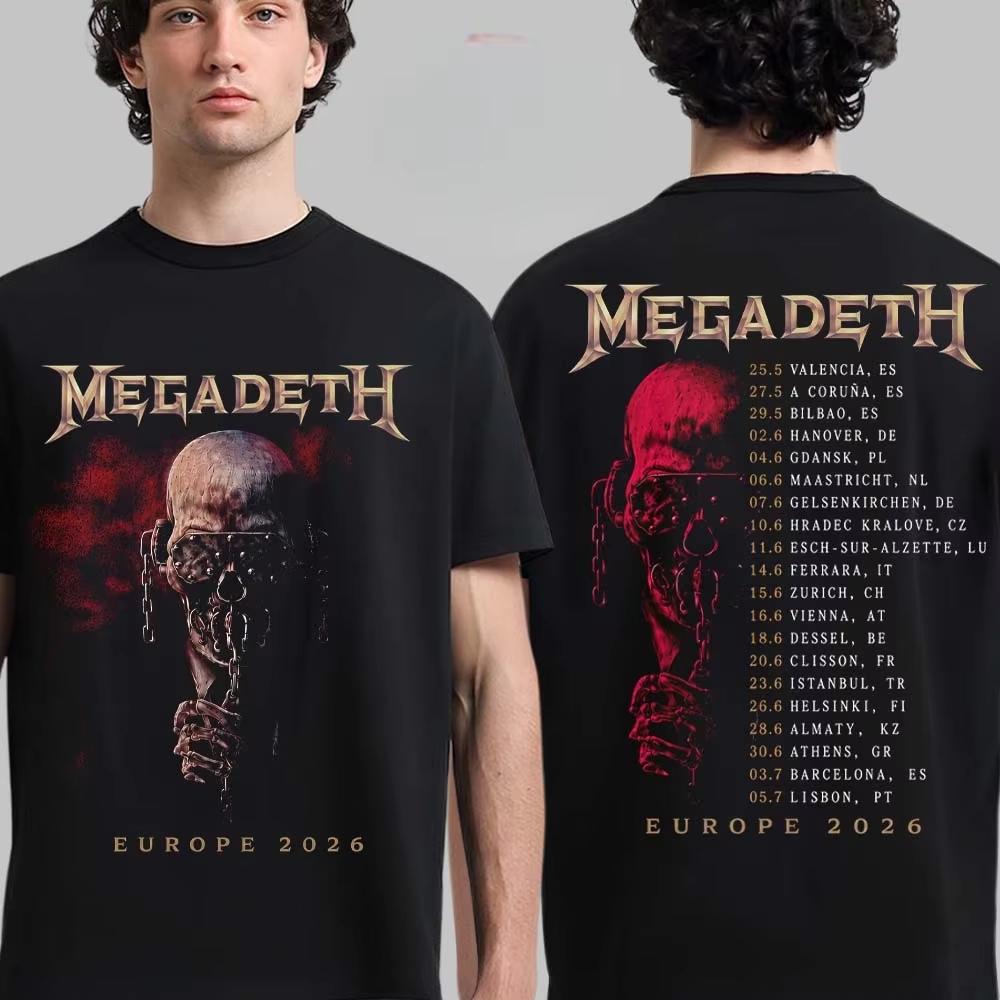 Megadeth 2026 Tour Europeo Grafica Merch Cotone Unisex Y2K Casual Street Style Moda Estiva T-shirt da Donna e Uomo
