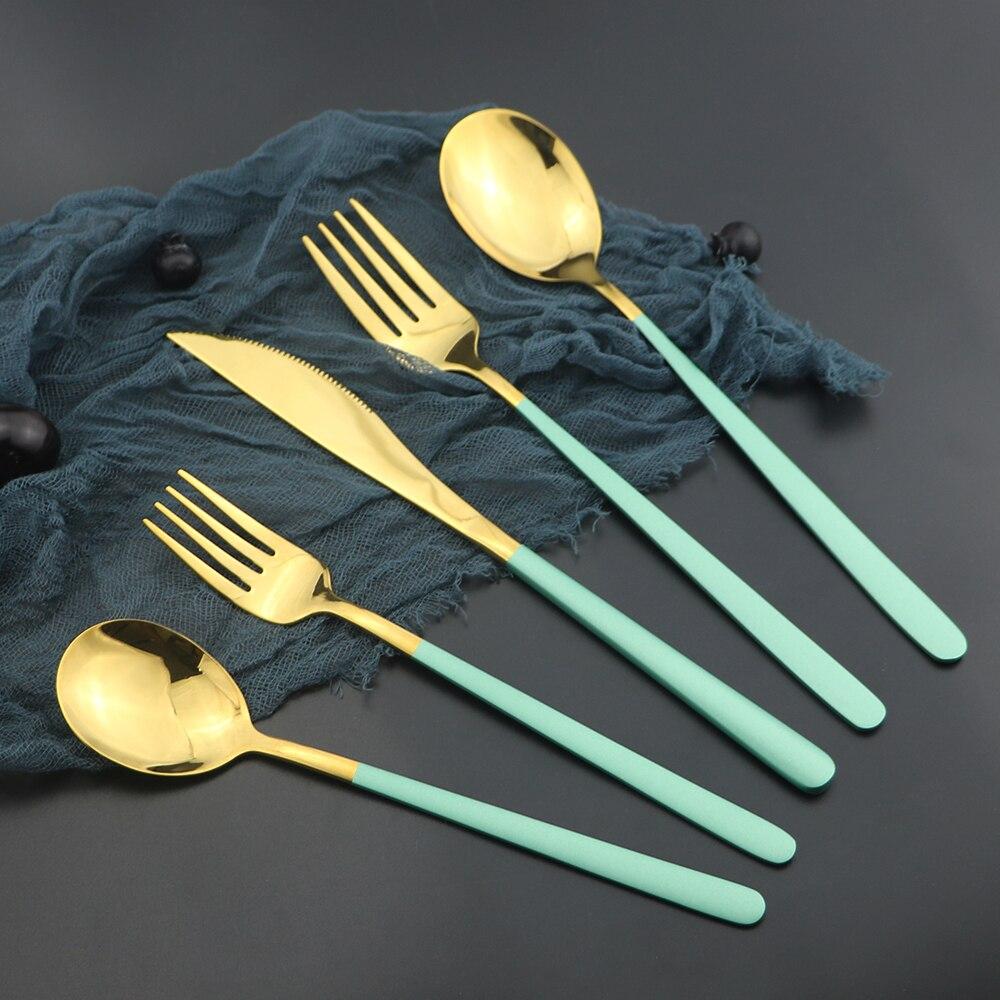 Portable Food Dinnerware Cutlery Set 304 Stainless Steel Table Knife Spoon Fork Dinner Set Green Gold Tableware Set