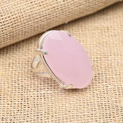 Gema Calcedônia Rosa Joia Artesanal Anel de Prata Esterlina 925 Para Mulheres
