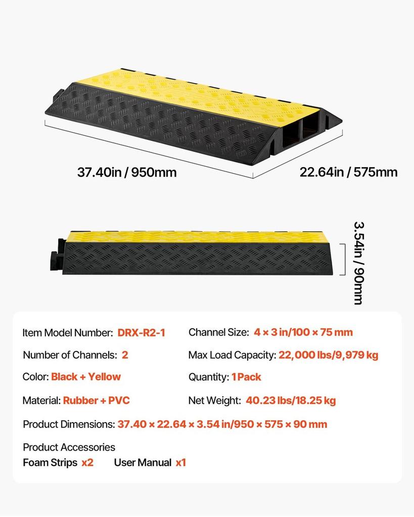 Cable Protector Ramp, 9,979 Kg/axle Capacity, 2 Channel Heavy Duty Rubber Cord Hose Wire Cover, 100 X 75 Mm Channel, Traffic Speed Bump with Flip-Open