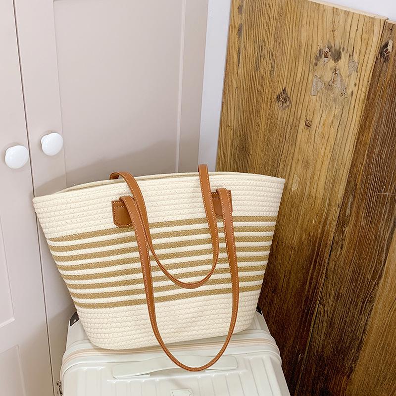 Stylish Large Capacity Striped Woven Beach Tote with Custom Logo
