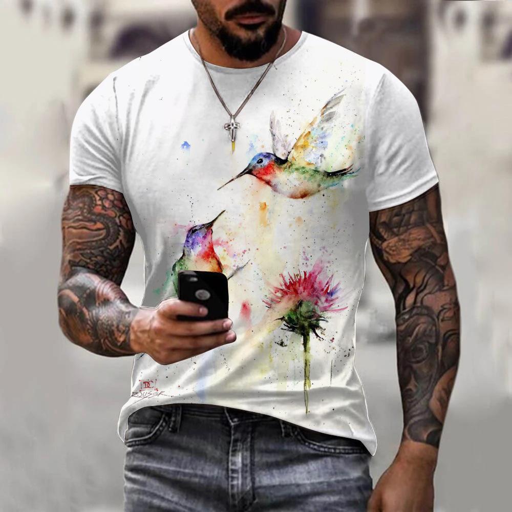 T-shirt Men's 3D Printed Bird Animal Ink Painting Pattern Summer Men And Women Fashion Casual Oversized Crew Neck T-shirt Top