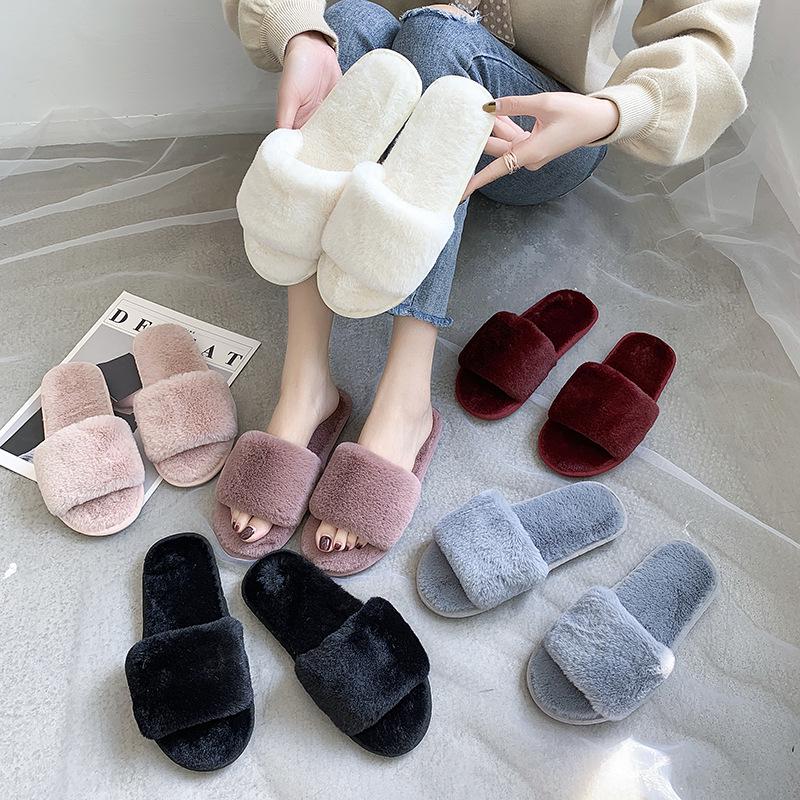 Cozy Plush Cotton Slippers for Women - Indoor Autumn/Winter Open Toe, One-Strap, Flat Bottom, Plus Size