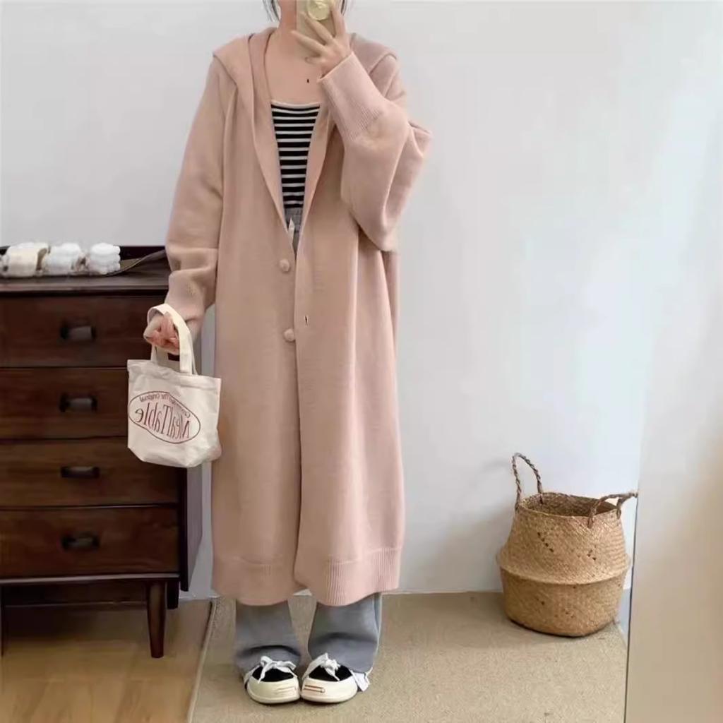 Large size cardigan simple and versatile lazy style soft waxy medium and long hooded sweater jacket women's new autumn and winter models