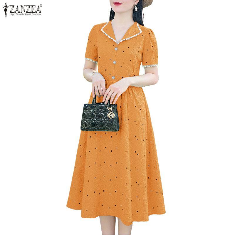 ZANZEA Women Casual Turn Down Collar Summer Patchwork Crochet Short Sleeve Dress