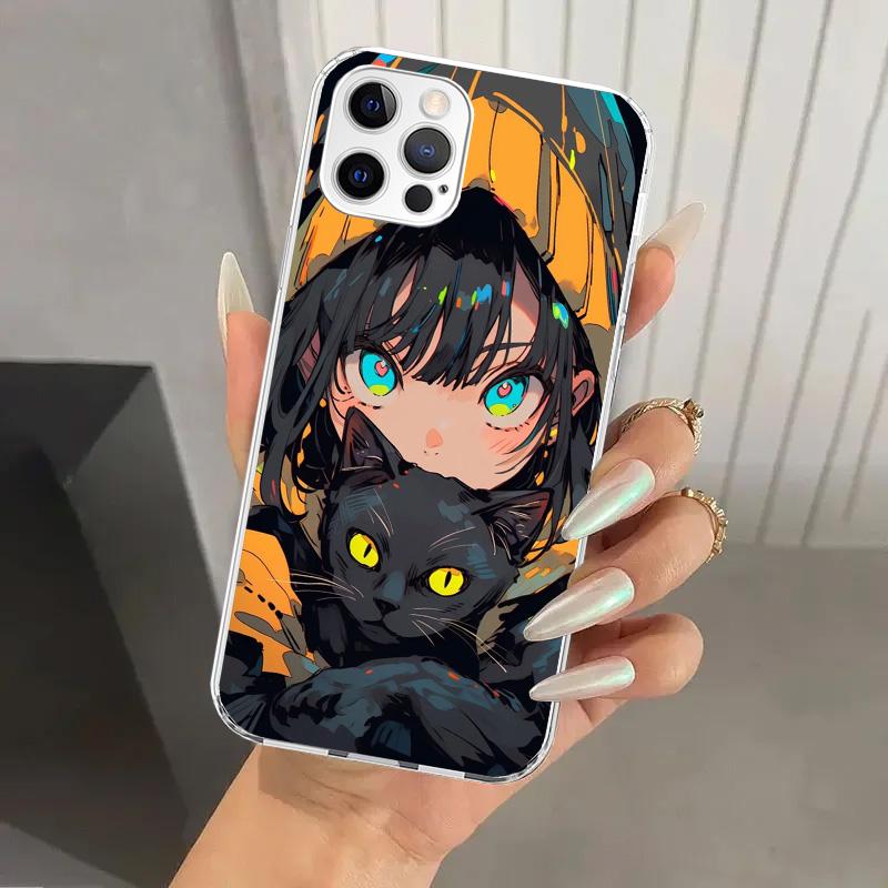 Anime Girls Cute Black Cat Phone Case for Iphone 17 Air 16 15 Plus 14 13 Mini 12 11 Pro Max 16E 7 8 SE 2020 Soft Funda Print She
