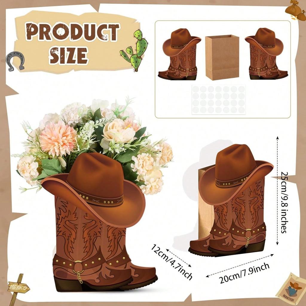 10 set Western Cowboy Boots Flower Boxes Centerpiece Boot Shape Box Decorations Western Theme Party Boot Gift for Wedding Supplies(Brown, Classic)
