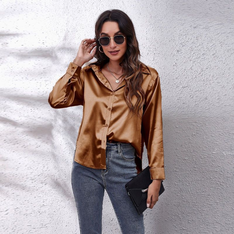 Solid-Color Long-Sleeve Business Shirt Top Satin Long Sleeve Shirt Top