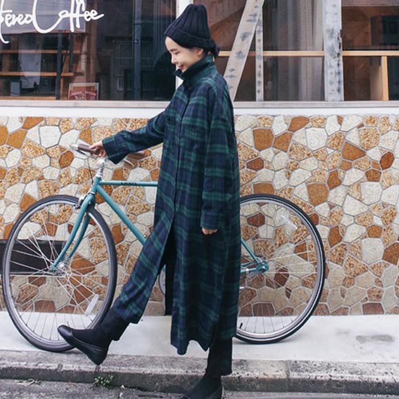 

Новая клетчатая рубашка с длинными рукавами для женщин в корейском стиле, свободная рубашка средней длины выше колена, повседневный стиль, топ с разрезом XL синий