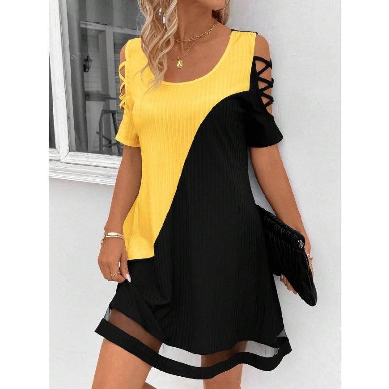 

YYFS Women s Fashion Summer Spring Colour Block Print Short Sleeve U-Neck Loose Waistline Casual Dresses XL