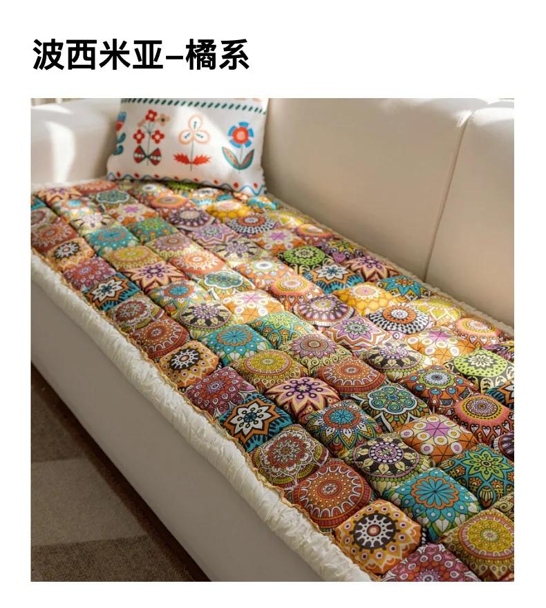 New Bohemian Pure Cotton Couch Cushion Universal for All Seasons Sofa Mat Home Mat Decor Non-slip Rectangular Seat Couch Cushion