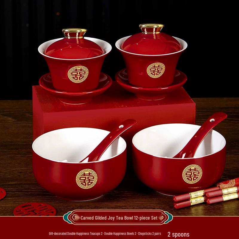 Wedding Ceremony Bowl Set: Tea Cup, Marriage Chopsticks, Toast Bowl, Bride's Dowry Utensils, Chinese Bowl, Chopsticks & Spoon Set