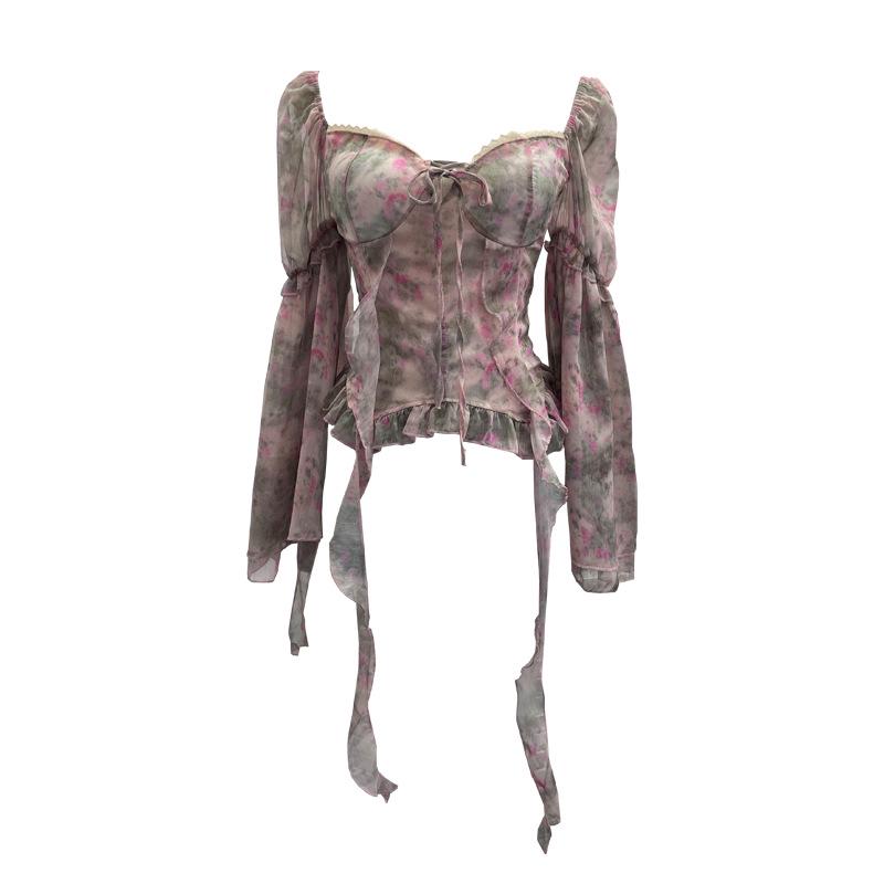 One-Shoulder Floral Print Bustier with Bell Sleeves and Lace-Up Back