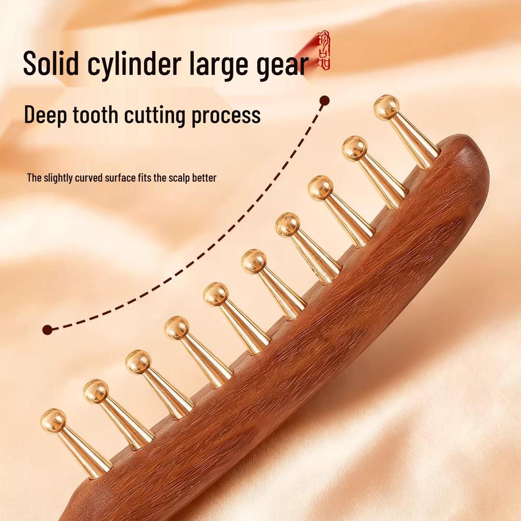 Brass Acupoint Head Massager & Scalp Therapy Comb with Large Tooth Gua Sha, Sandalwood Finish