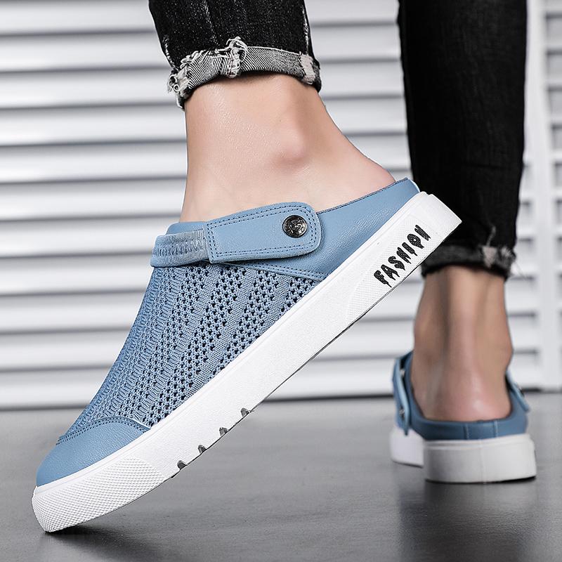 Mesh Half Shoes For Men Mules Flat Board Shoes Slippers Summer Backless Loafers Slippers Man Slides Mens Open-back Casual Shoes