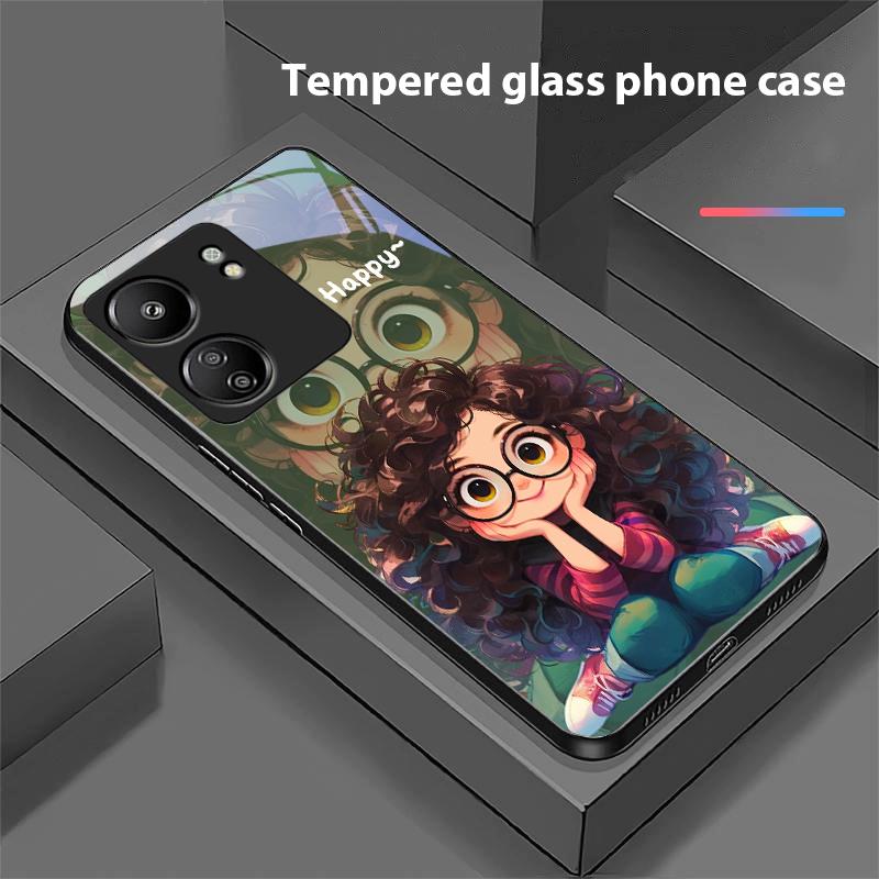 Curly Haired Girl For Xiaomi Redmi 13C Note13 12 Pro Plus 5G Note 9 13T Pro POCO X6 F5 F6 Black Tempered Glass Phone Case