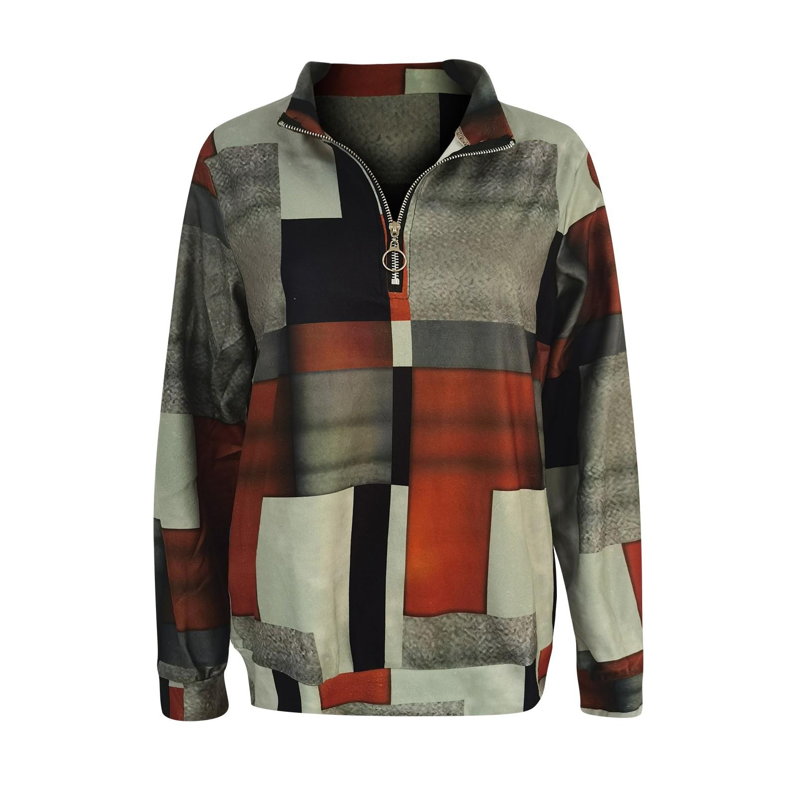 Женский повседневный клетчатый свитер на молнии с длинными рукавами и v-образным вырезом — фото 8