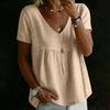 Women Embroidered Short Sleeve V Neck Relaxed Fit Pleated Pullover Blouse Summer Casual Loose Top for Daily Wear