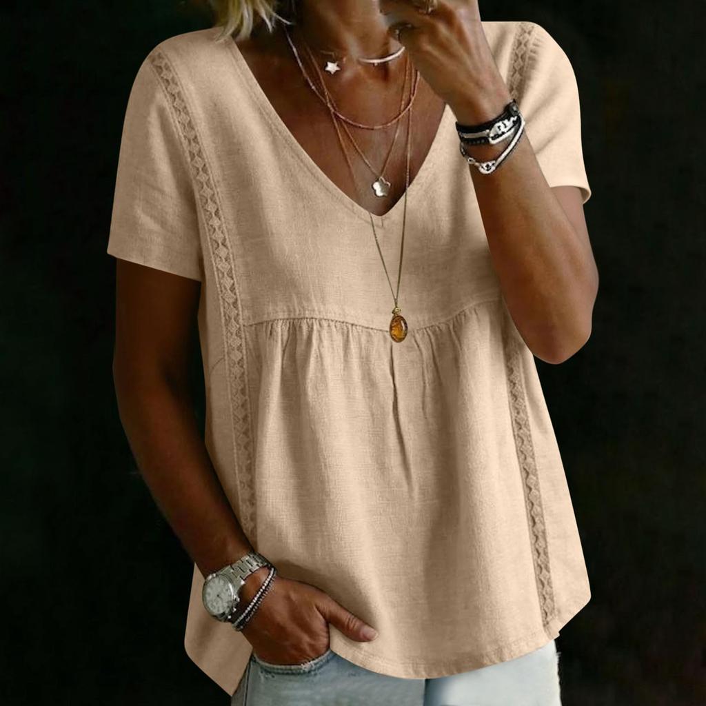 Women Embroidered Short Sleeve V Neck Relaxed Fit Pleated Pullover Blouse Summer Casual Loose Top for Daily Wear