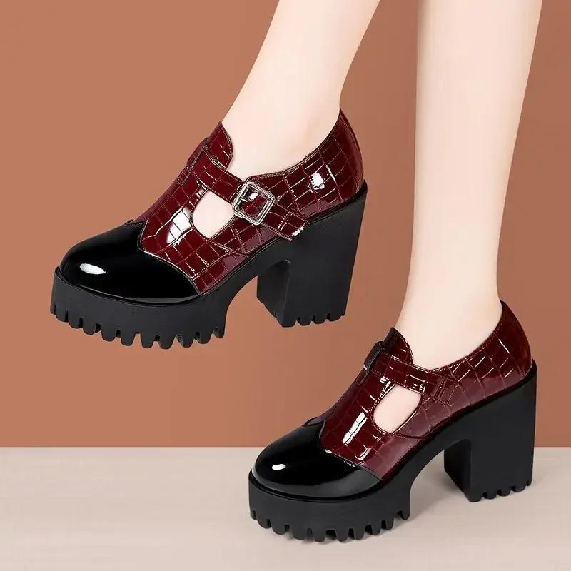 

10см Маленький размер 32-42 Винтажные Мэри Джейн на толстой подошве смешанных цветов Туфли на платформе Весенние туфли на высоком блочном каблуке Офисная модель 32