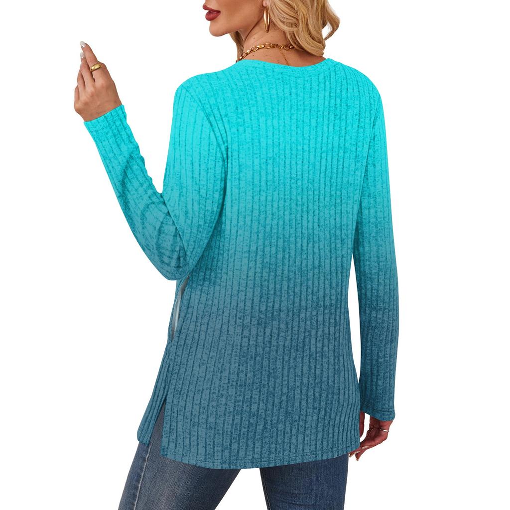 Women's Gradient Printed Round-neck Long-sleeved Top With Pockets And Side Slits