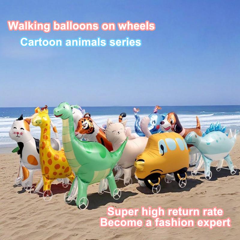 Cartoon Animals Stand Up Aluminum Film Balloons With Wheels Unicorn Tiger Giraffe Elephant Dinosaur Birthday Party Decoration
