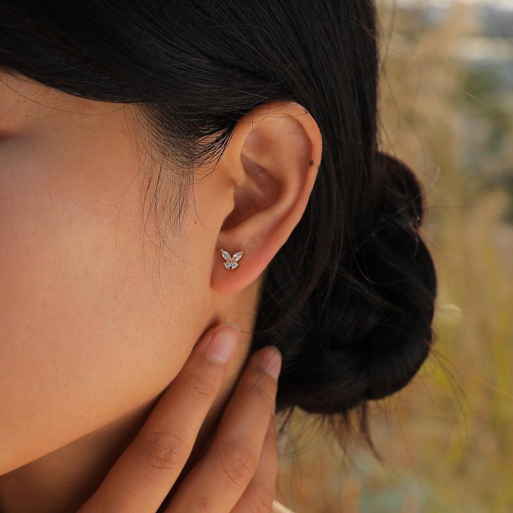 Small Butterfly Stud Earring Cubic Zirconia Gold Plated CZ Jewelry for Women Girls
