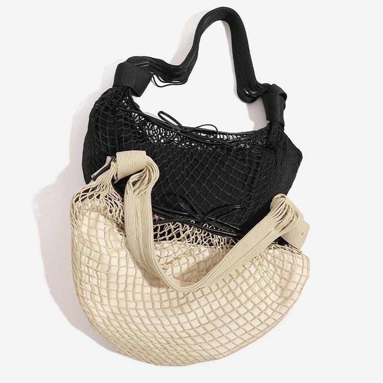 Beach Vacation Contrasting Mesh Bag, Cow Horn Bag, Women's Handbag, One Shoulder Crossbody, Hand Woven Bag, Fishing Net Armpit Bag
