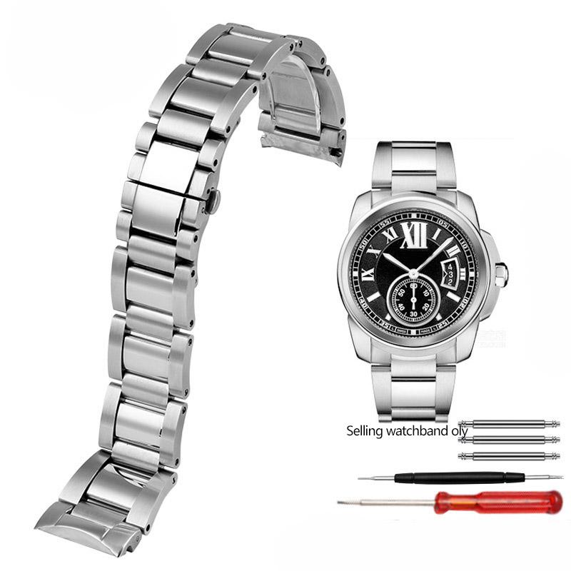 

23 мм Ремешки для часов из нержавеющей стали для Cartier Calibre W7100015 W7100041 W7100037 Металлические браслеты для часов Мужской Модный Женский Ремешок 23mm серебряный