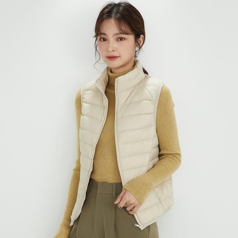 Womens Lightweight Down Vest Winter Warm Sleeveless Puffer With Stand Collar 86-90% White Duck