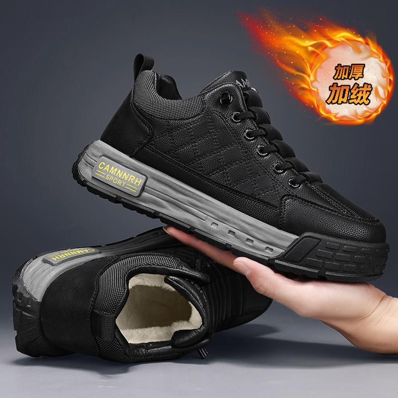 Winter New Velvet Warm Cotton Shoes Leather Surface Low-top Strap-free Foot Cover Outdoor Sports and Leisure Thickened Men's Shoes