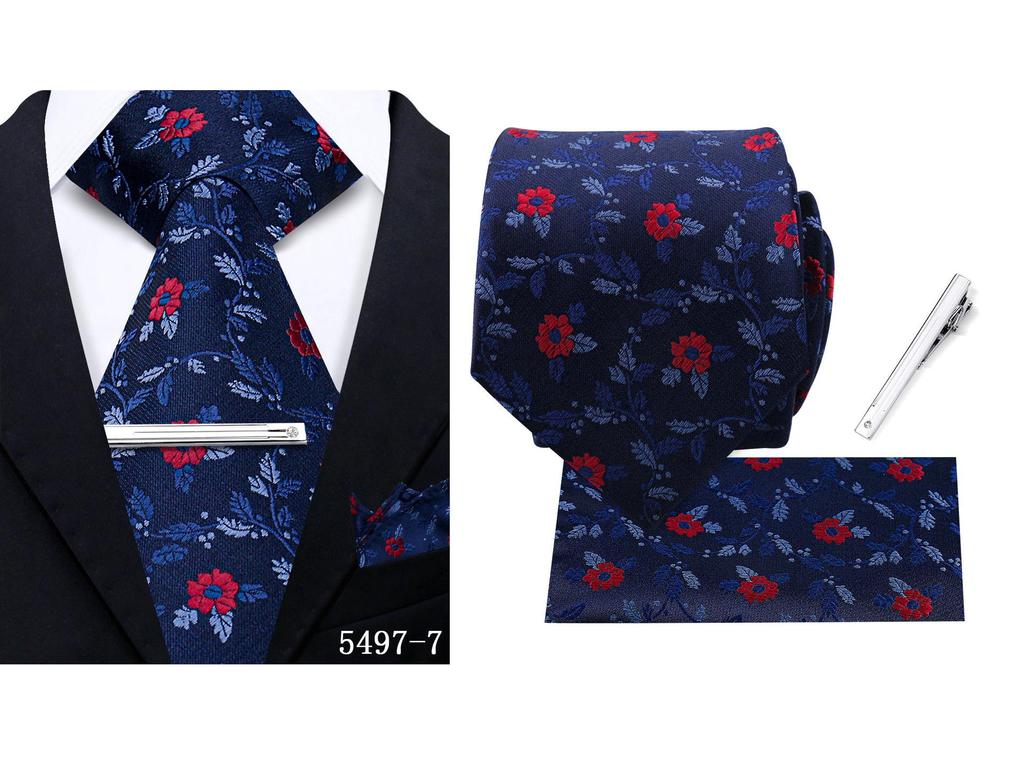 Men's Retro Floral Tie, Pocket Square & Tie Clip Set for Weddings