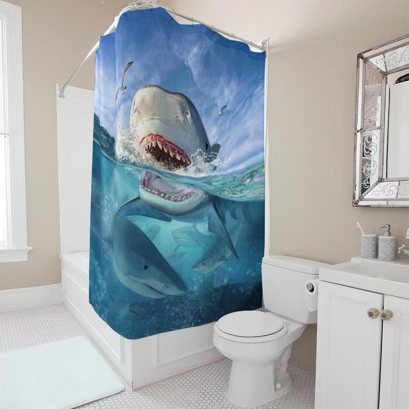 Blue Ocean Shower Curtain With Giant Shark Print Perfect For Sea-Themed Bathrooms!